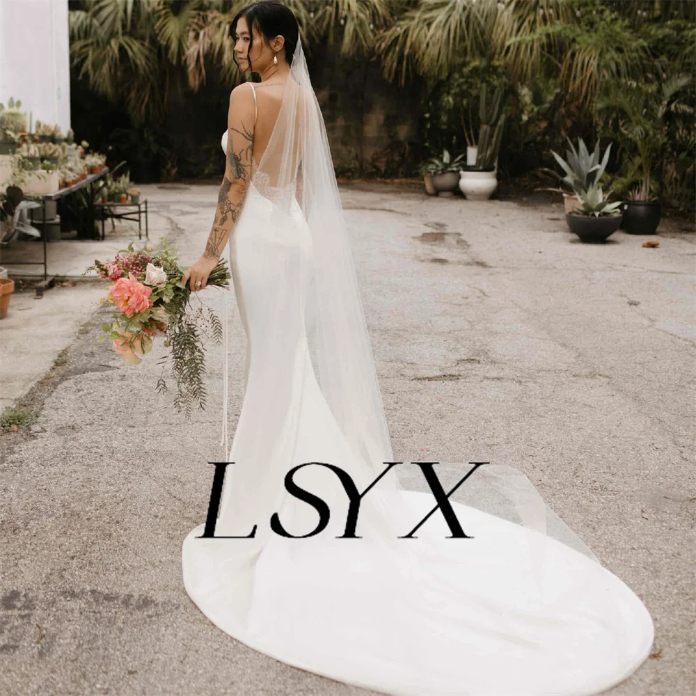 LSYX Square-Neck Sleeveless Lace Satin Mermaid Wedding Dress For Women Open Back Court Train Bridal Gown Custom Made