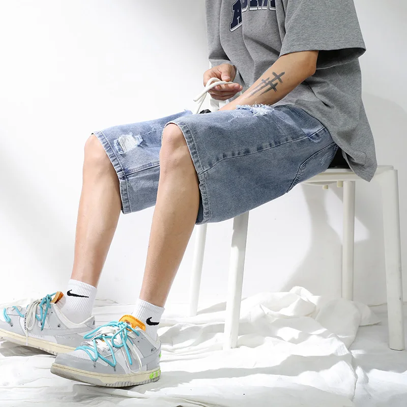 Men's Summer Bermuda Shorts For Men Harajuku Denim Shorts Baggy Pants Ripped Hip Hop High Quality Jeans Hong Kong Style Baggy