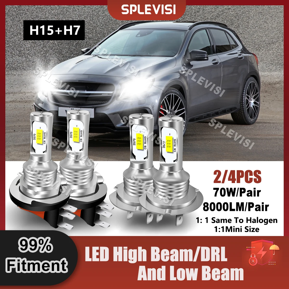 

Plug And Play H15+H7 LED Headlight High Beam/DRL+Low Beam For Mercedes X156 2014 2015 2016 2017 2018 2019 2020 2021 2022 2023