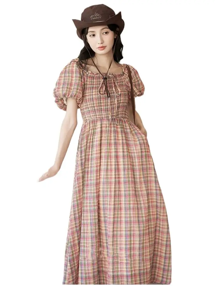 

French elegant puff sleeved plaid dress Lace up elastic slim vintage party dress Pastoral style 100% cotton dress Vestidos