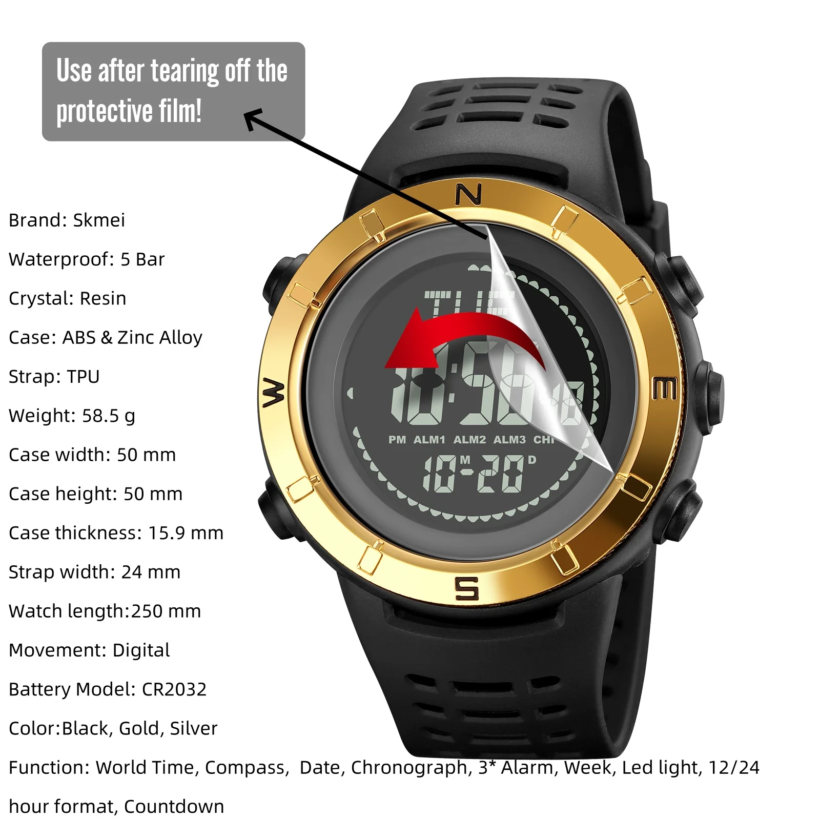 Skmei Electronic Compass Digital Watches for Mens Multiple Time Zone LED Waterproof Sports Wristwatch 3 Alarm Clock view 4