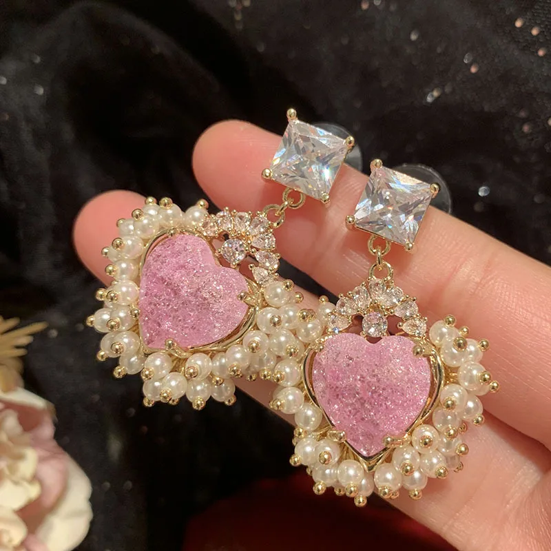 

Pink love fairy candy crack design millet pearl super flash, girl peach heart summer sweet earrings