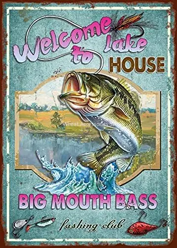 

Vintage Fishing Sign Welcome to Lake House Big Mouth Bass Fishing Club Home Wall Decoration Metal Plaques 12" X 8"in