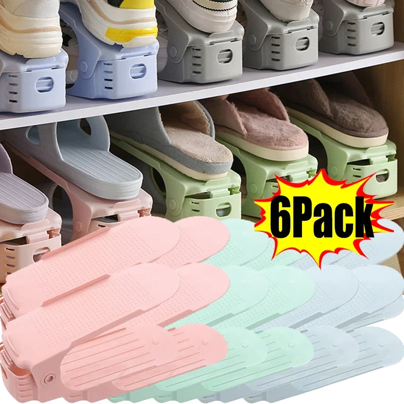 

6Pack Shoe Rack New Adjustable Double Layer Shoerack Durable Stand Organizer Solid Color Footwear Support Home Storage Supply