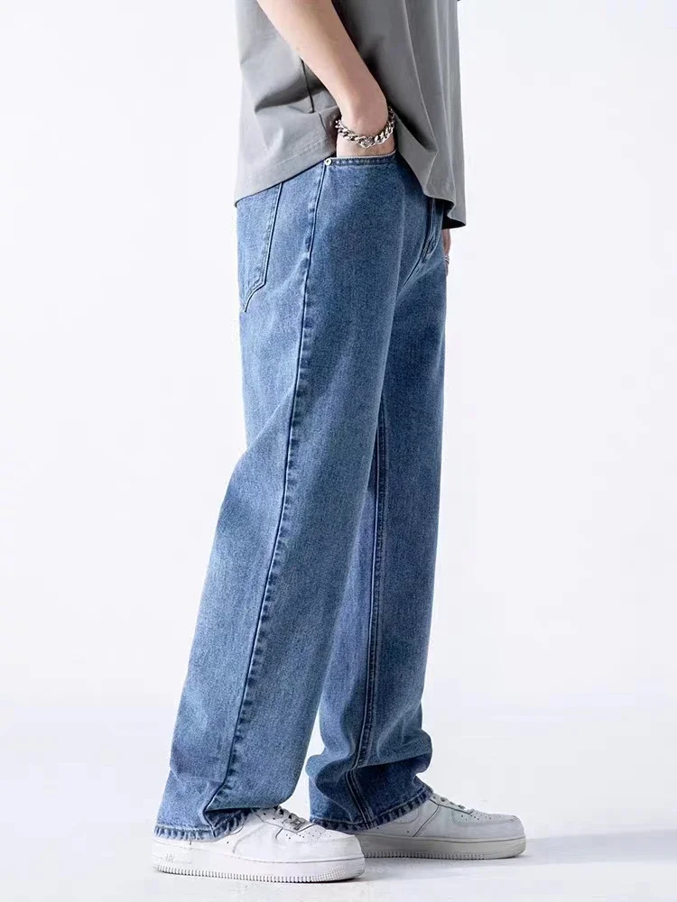 Spring Summer Men's Jeans Straight Denim Pants Elastic Waist Cotton Streetwear Male Wide Baggy Casual Blue Trousers 5