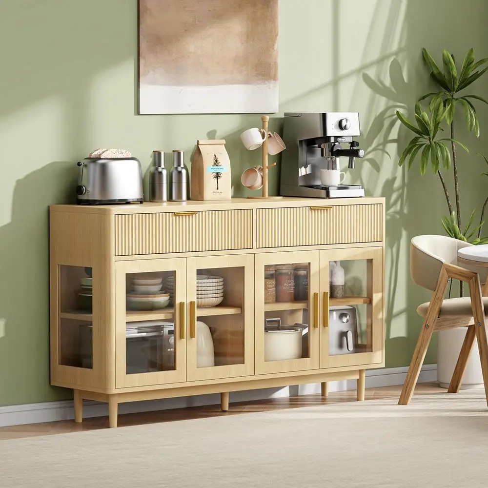 Sideboard et Cabinet with Drawers, Modern Kitchen Storage Cabinet with Adjustable Shelves and Tempered Glass Doors, Wood Cof
