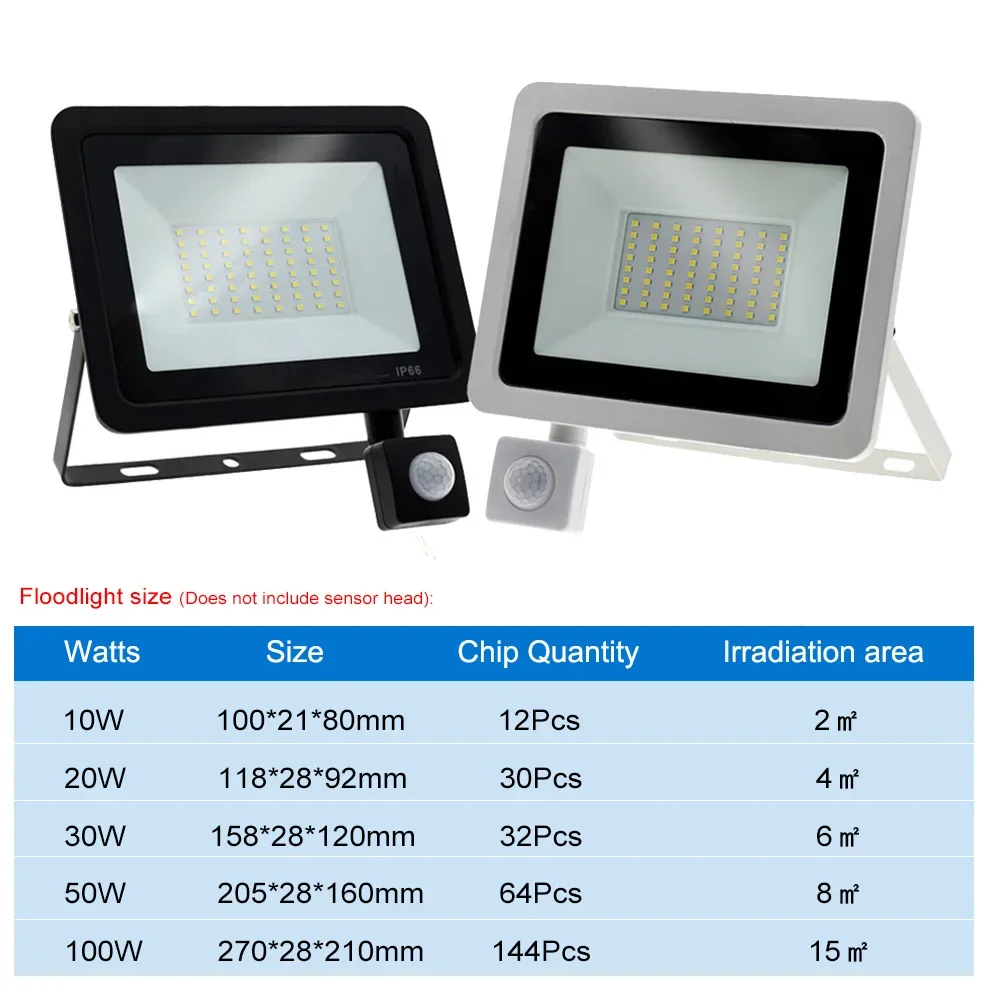 LED PIR 모션 센서 투광 조명, 야외 벽 조명, 백색 조명, 100W, 50W, 30W, 20W, 10W, IP66 방수, 정원용 LED 스포트라이트