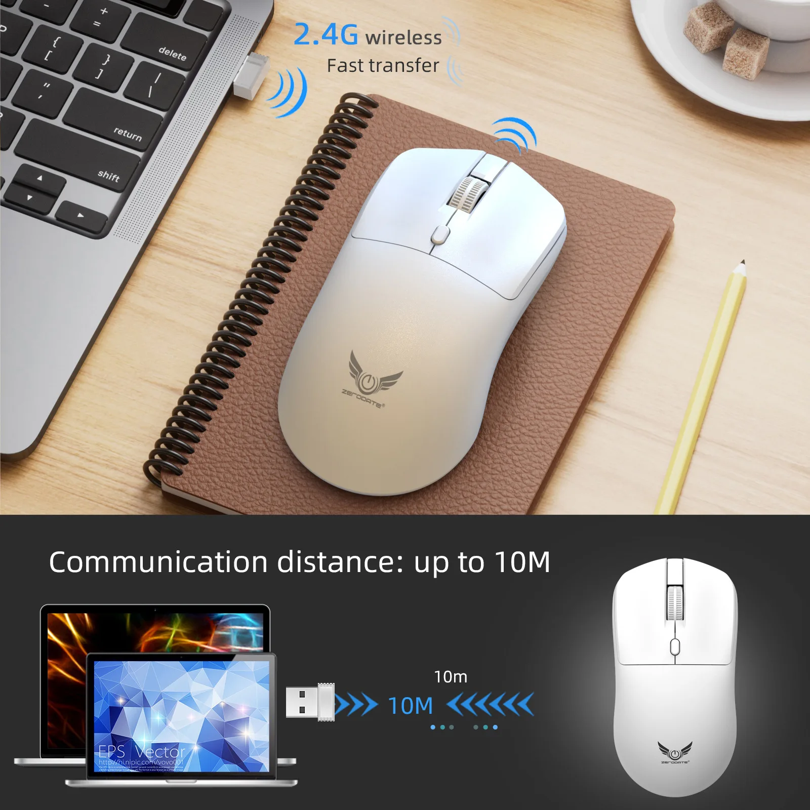 2.4G Wireless Mouse Ergonomic Adjustable 800-1200-1600 DPI Lightweight Rechargeable for PC/Laptop/Macbook Pro
