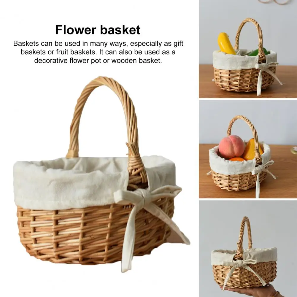 

Handmade Wicker Basket Hand-woven Flower Basket with Handle Fabric Lining for Picnic Camping Capacity Wicker Basket for Grocery