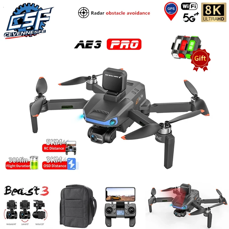 AE3 PRO Max GPS Drone 4K Dual Camera 3 Axis Gimbal Professional Aerial Radar Obstacle Avoidance 5G Wifi FPV Quadcopter Gift Toy rc helicopter with camera