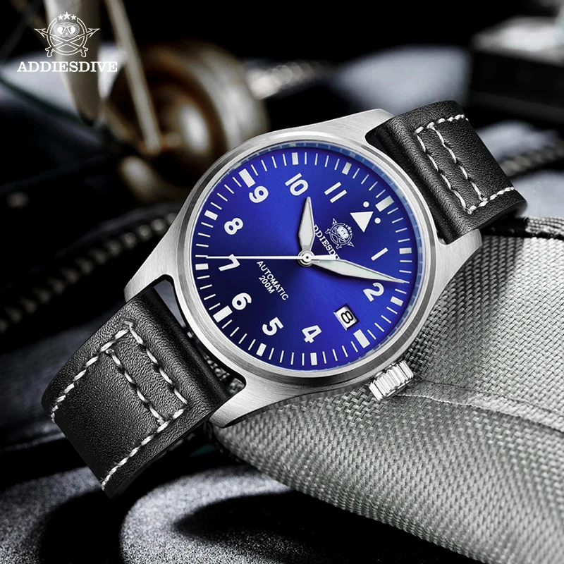 ADDIESDIVE Men's Sapphire Automatic NH35 Stainless Steel Pilot Diver Mechanical Watch Leather Luminous 200m