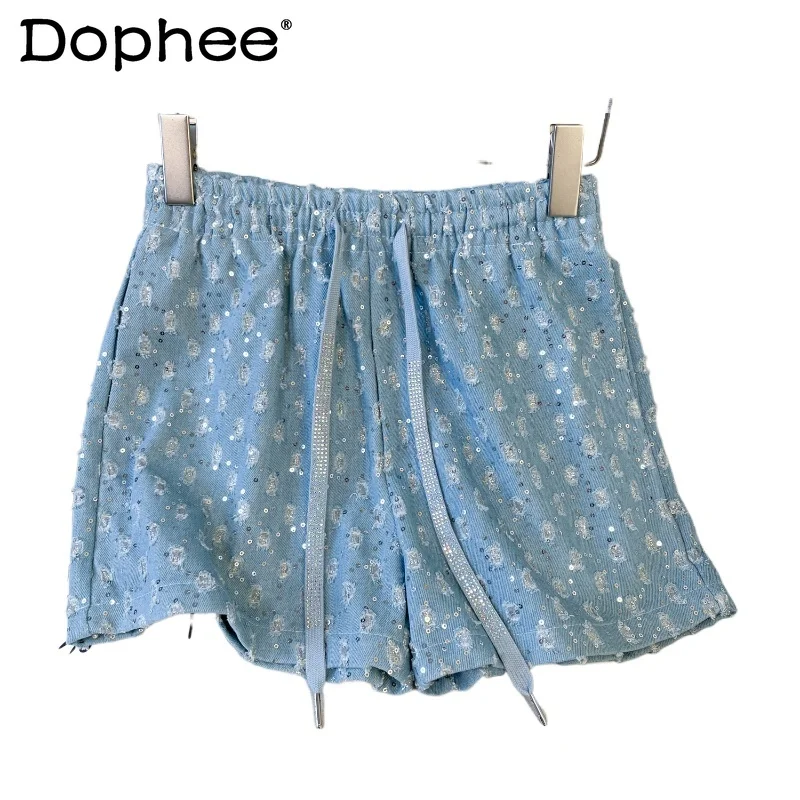 

Sequined Elastic Waistband Lace-up Hot Girl Style Wide Leg Shorts 2024 Summer New Casual High Waisted Shorts Women Shorts