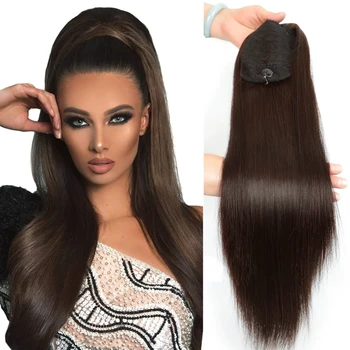 Bone Straight Drawstring Ponytail Wigs Clip In Hair Extensions Dark Brown #2 Wrap Around Drawstring Ponytail 100% Human Hair