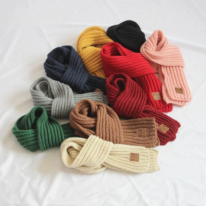 

2023 Winter Children Colors Soft Knitting Wool Thermal Scarf Boys Girls Lovely Outdoor Warmer Scarf Kids Solid Labelled Scarf