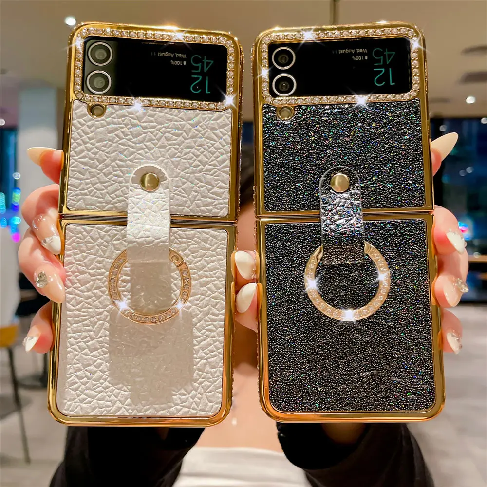 Luxury Bling Diamond PU Leather Plating Case with Ring Holder - Shockproof Cover