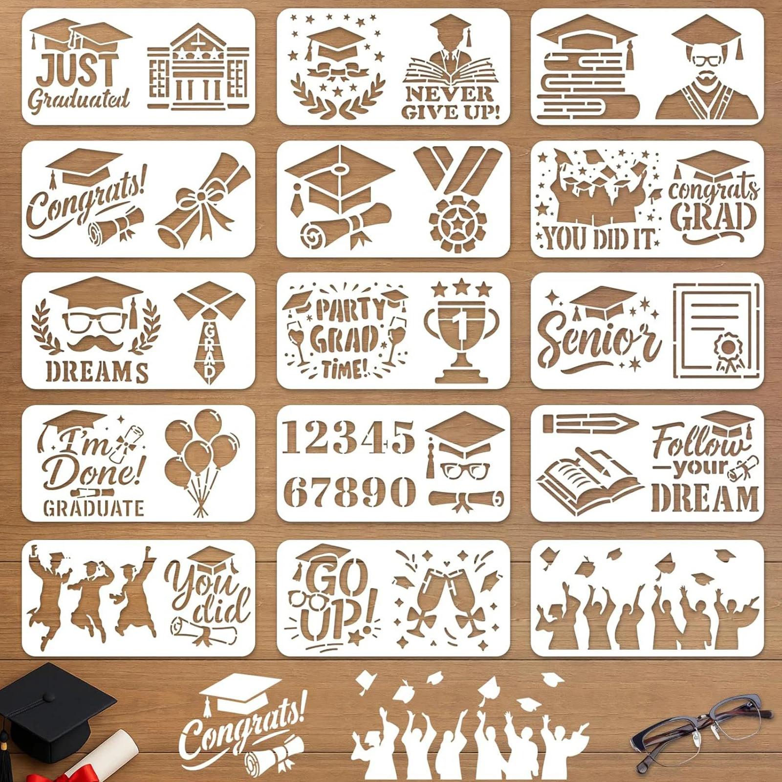15개 8x4인치 졸업 시즌 벽 스텐실 축하용 졸업생 벽 템플릿 공예용 벽 캔버스 패브릭 파티용