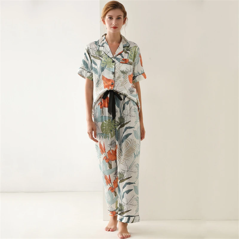 Turn-down Collar Pajamas Leaf Print Sleepwear Silk Imitation Nightgown Short Sleeve Long Trousers Two-piece Set Women's Clothes