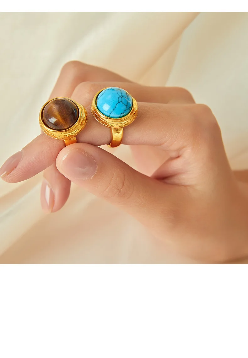 Natürlicher türkis farbener Vintage-Ring Damen Edelstahl vergoldet offener runder Ring weiblicher Modeschmuck Geschenk – Detail 11