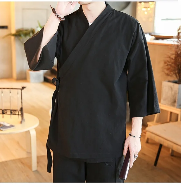 Mens Japanese Style Kimono Shirt Vintage Casual Loose Party Hanfu Blouse  Tops US
