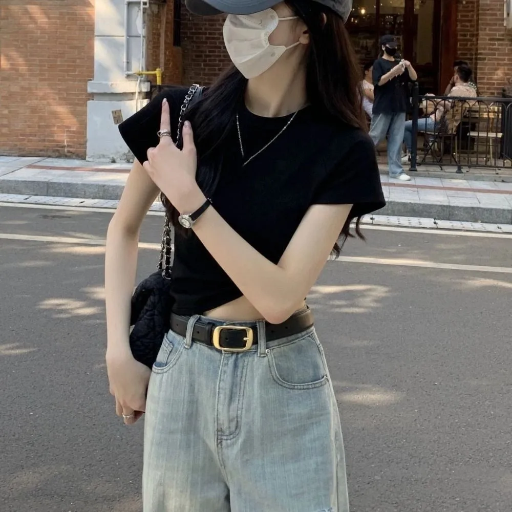 Cute Solid Color Short Sleeve T-shirt Slim Fit Sweet Y2K Crop Top Chic Korean Style Tees Shirts Women Streetwear
