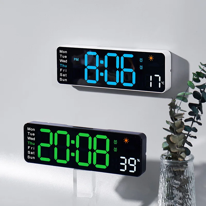 Digital Wall Clock Wall Clock Digital Display Clock Large Screen Digital Wall Clock Temperature Humidity Date Week Display Weather Clock Dual-Alarms USB Electronic LED Alarm Clocks
