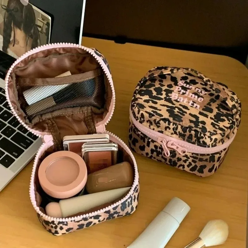 Cute Pink Leopard Print Makeup Bag - Portable Travel Cosmetic Organizer