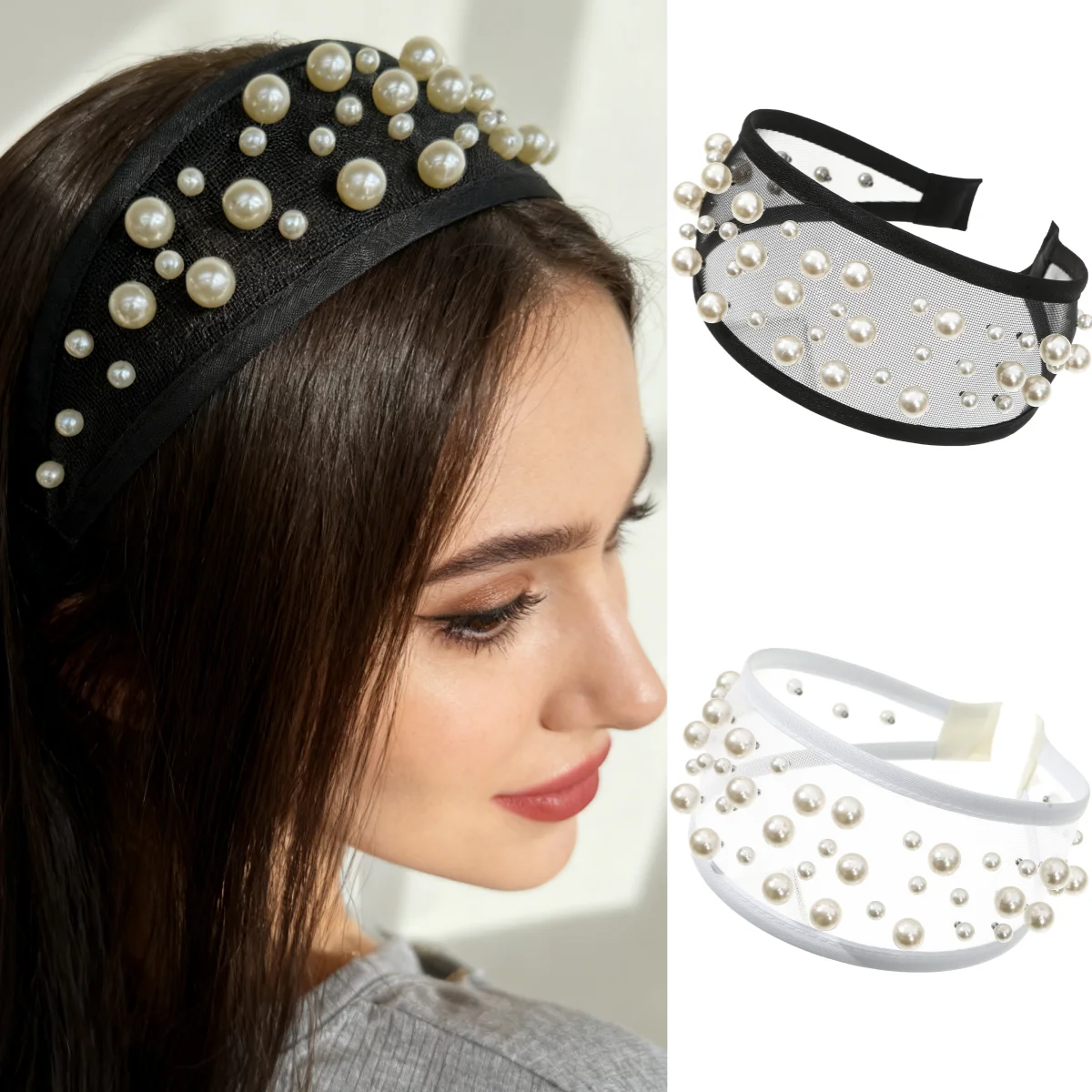 Fashion Pearl Mesh Wide Headband For Women Girls Vintage Elegant Hair Accessories Hair Bands Shopping Party Travel Headwear