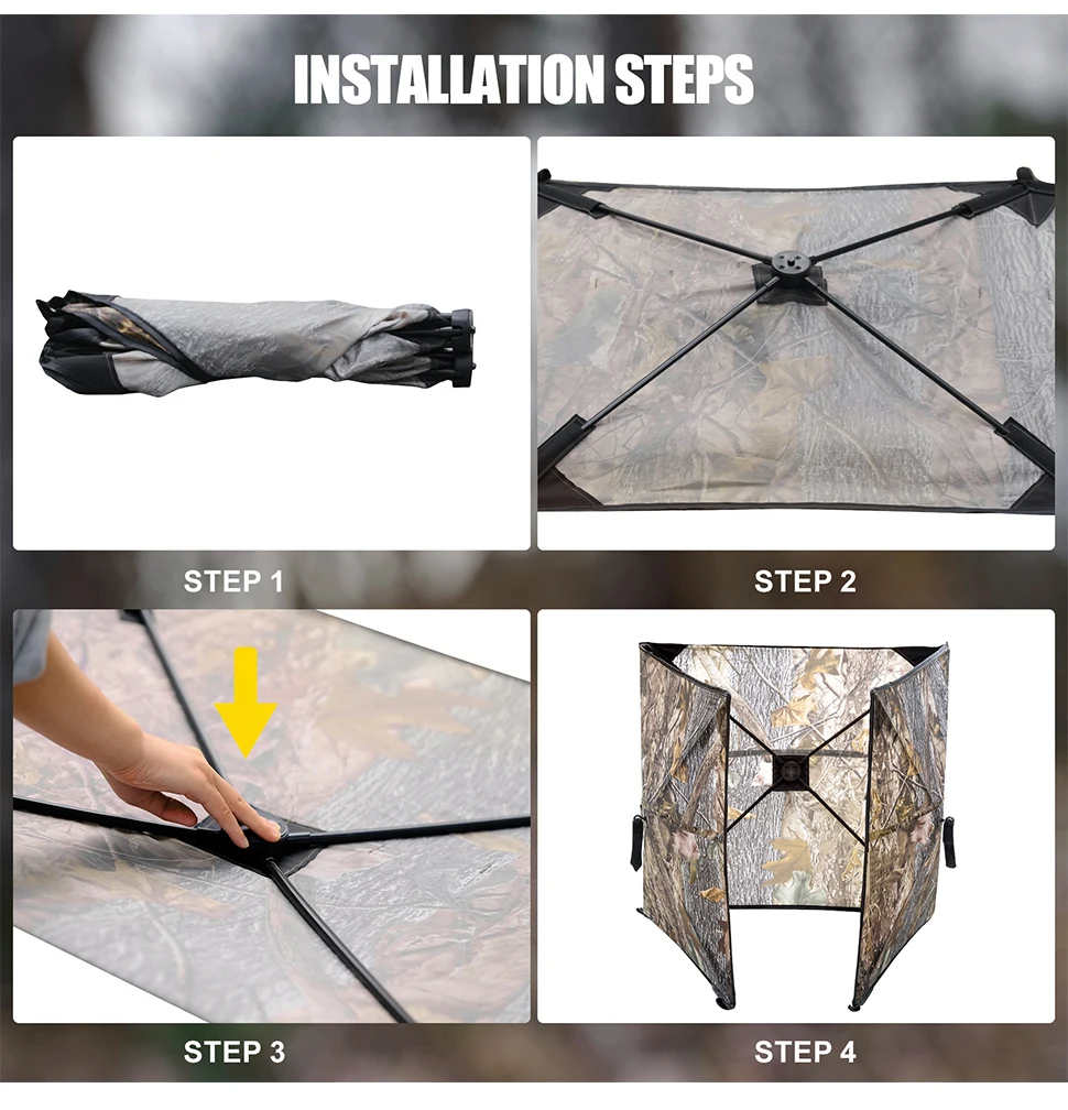 WESTTUNE Pop Up Ground Blinds Quick Setup Durable Three-Panel Hunting Blind Low-Noise Grass Camo Hunting Camouflage Accessory