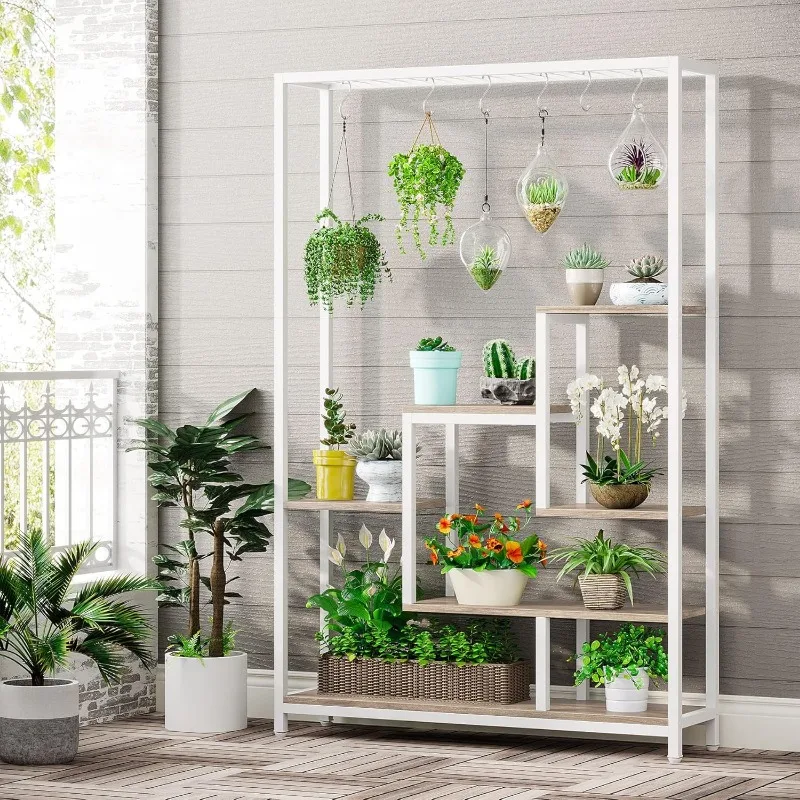 5-Tier Tall Indoor Plant Stand, 70.9 Inches Large Metal Plant Shelf with 6PC S Hanging Hooks, Multi-Purpose Flower Bonsai Pots