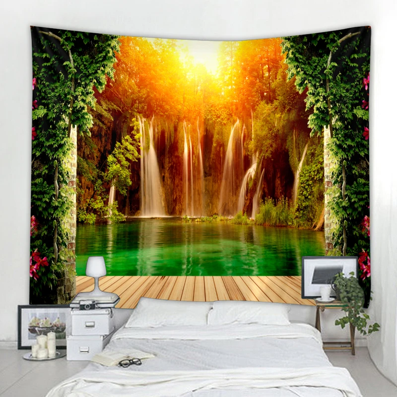 Wunderschöner Natur-Wasserfall-Wandteppich, Walddruck, Meereslandschaft, Hippie-Wandbehang, böhmischer Wandteppich, Mandala, Heimdekoration – Detail 2