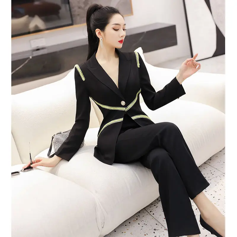 

Женский комплект из двух предметов, блейзер и брюки-клеш с длинным рукавом, весна-осень