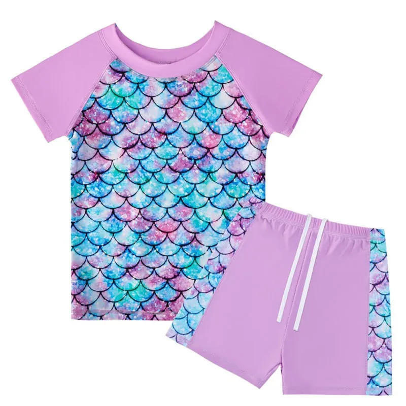 Girls Swimsuit 2PCS Fashion Swimming T-shirts Shorts Sets for Kids Girls Summer Cooling UV Protection Short Sleeves Top Shorts Set for Children