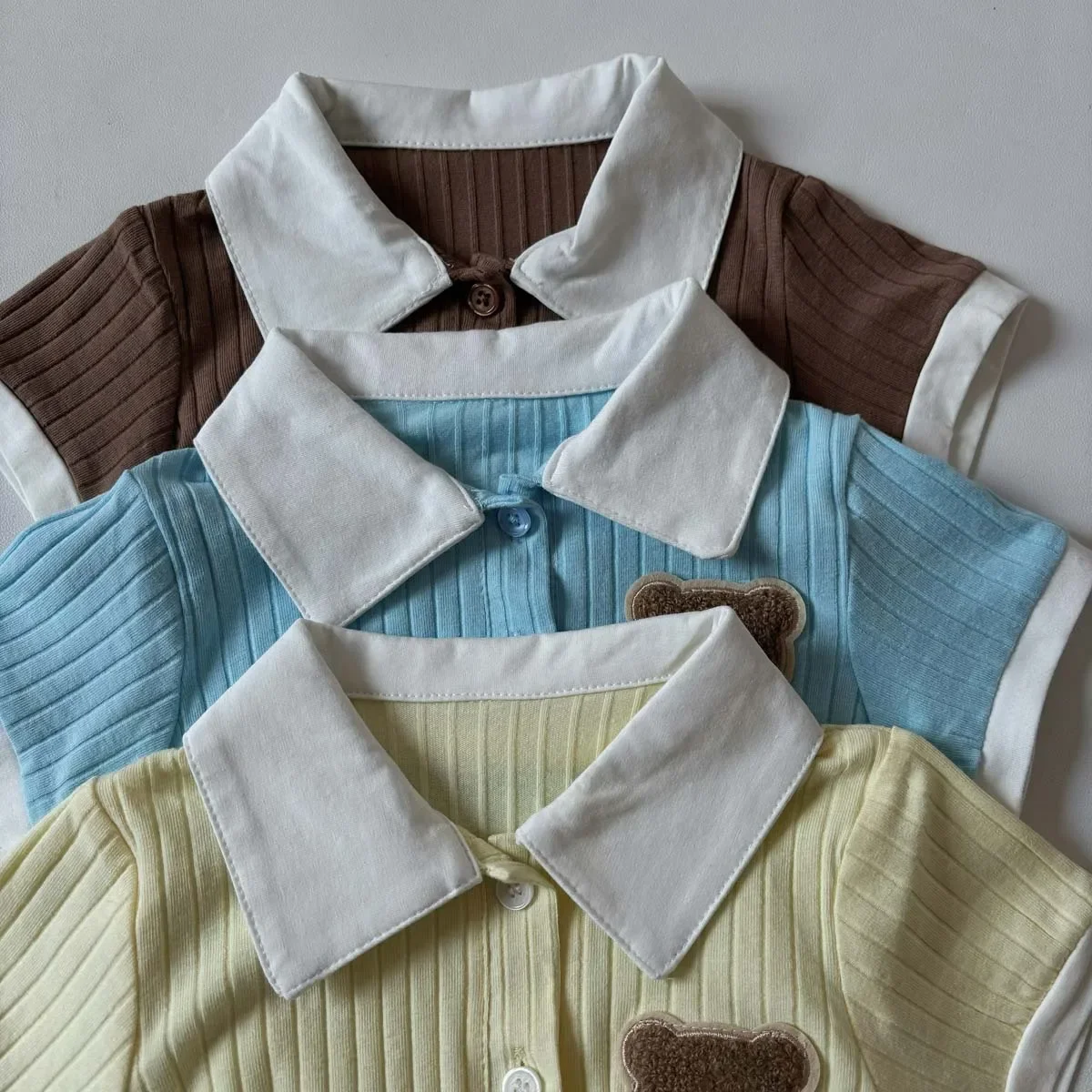 Baby Summer Thin Bear Bodysuit Boys Korean Style Collar Pit Stripe Cotton Romper Crawling Suit Children New Model Cotton Materia