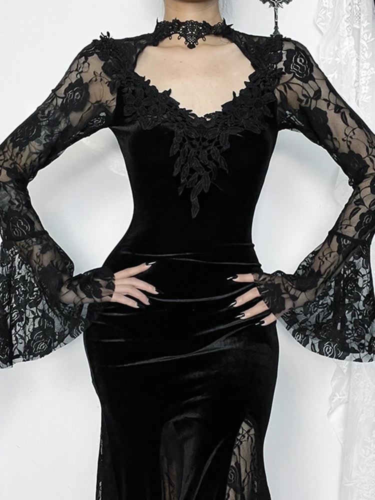 XKBHYD Abito da donna gotico in velluto, a maniche lunghe, vintage, da strega, luna, lolita, fata, pizzo, punk, grunge, 01-nero, M