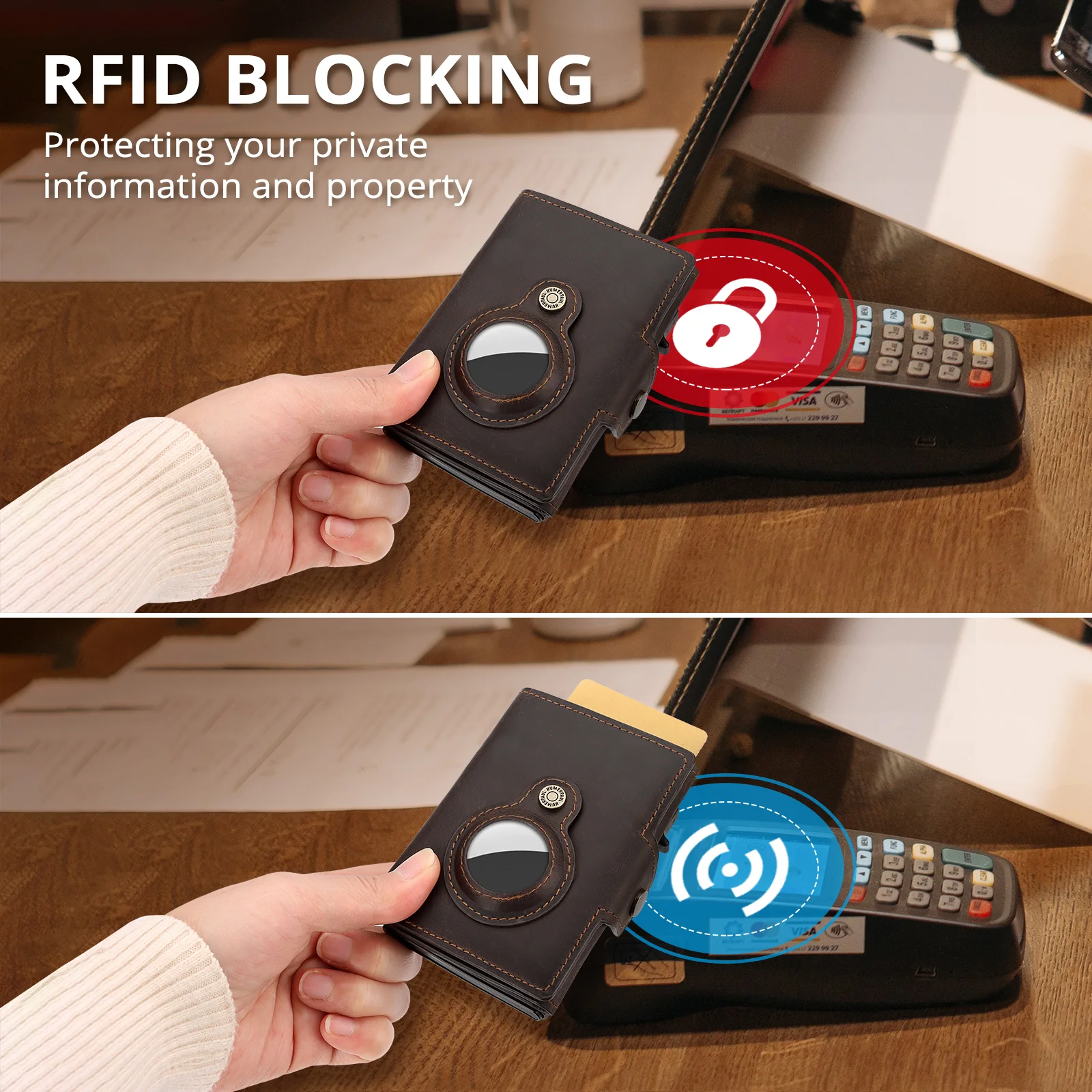 Wallet For Apple Airtage RFID Blocking Card Holder Business Aluminum Pop Up Slide Case with Zip Coin Purse