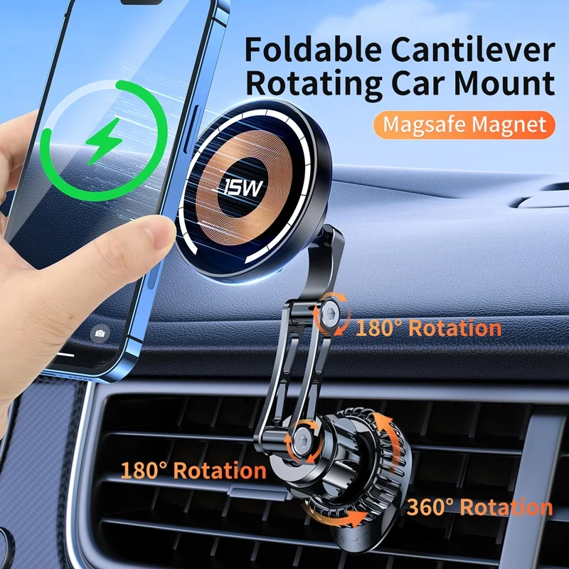 Magnetic Car Air Vent Wireless Charger 15W 360 Rotation Aluminum Foldable Phone Stand For Iphone 15 14 13 12 11 Pro Max Samsung