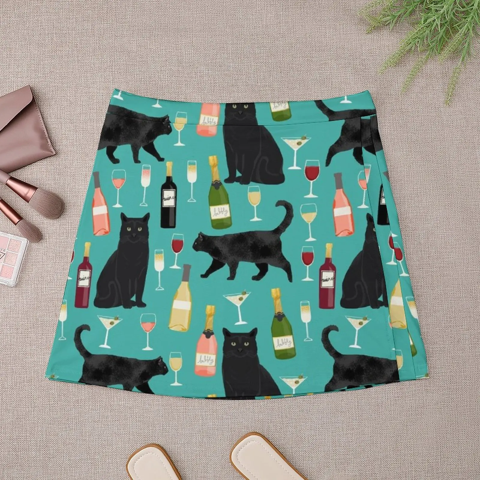 Black cat wine champagne cocktails cat breeds cat lover pattern art print by PetFriendly Mini Skirt luxury women's skirt