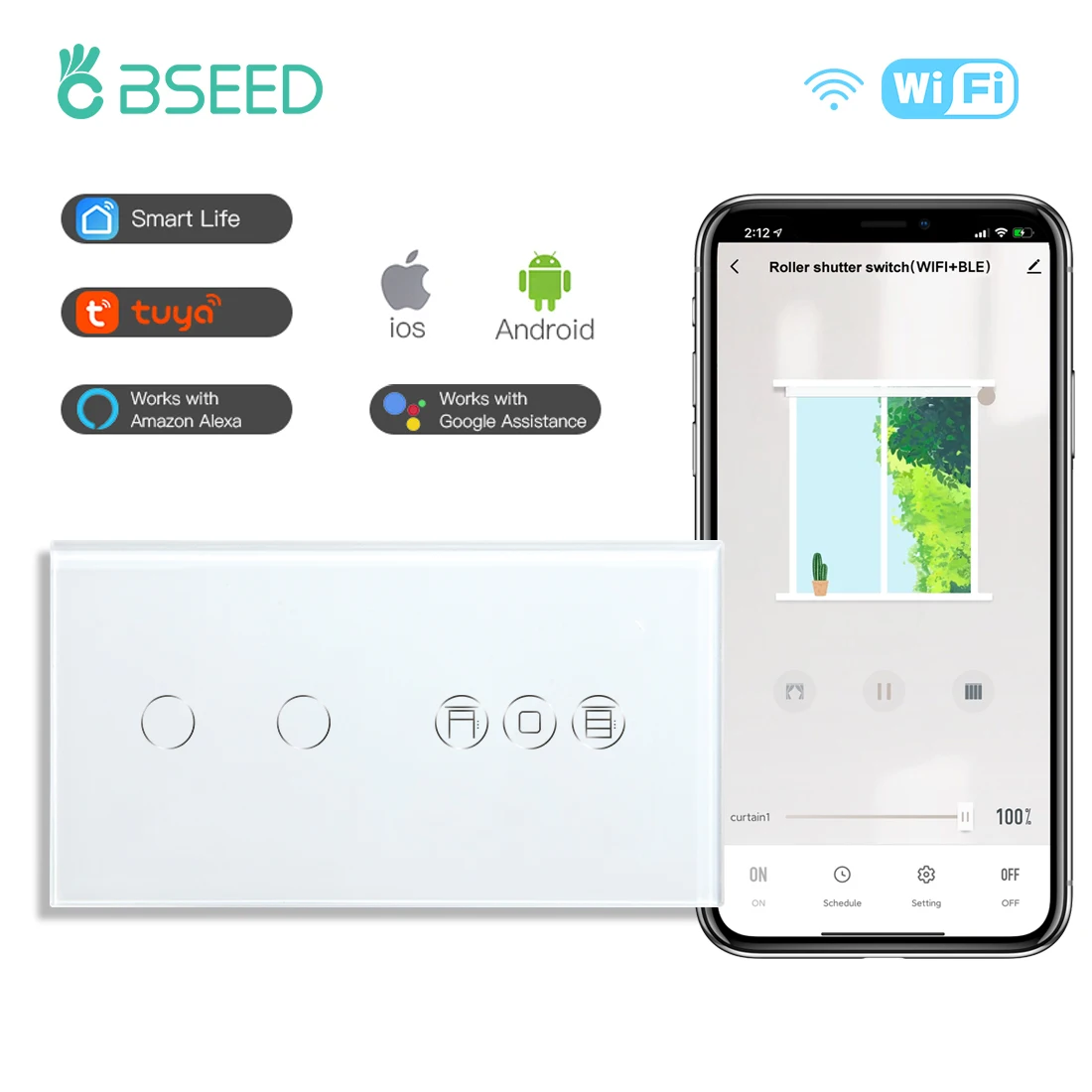 Bseed Wifi ชัตเตอร์สวิทช์สมาร์ท Touch Roller Blind สวิทช์สมาร์ท1/2/3Gang 1/2/3 Way สวิตช์ Light Touch App ควบคุม Google Alexa 1