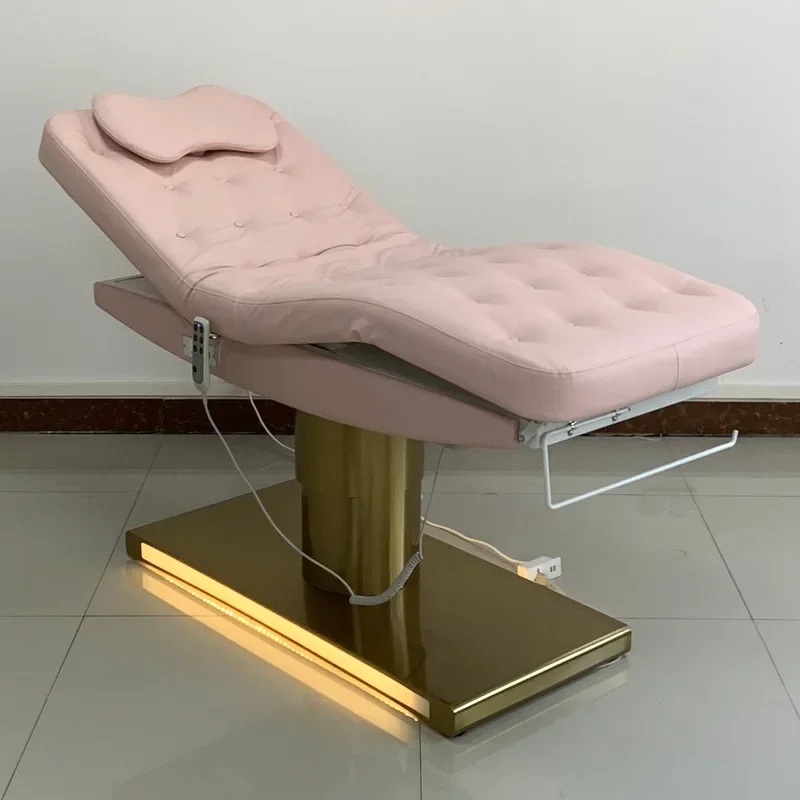 Luxury Pink Tufted Leather Gold Salon Spa Bed Beauty Equipment 3 Motors Electric Cosmetic Table Massage Bed With Led Lighting