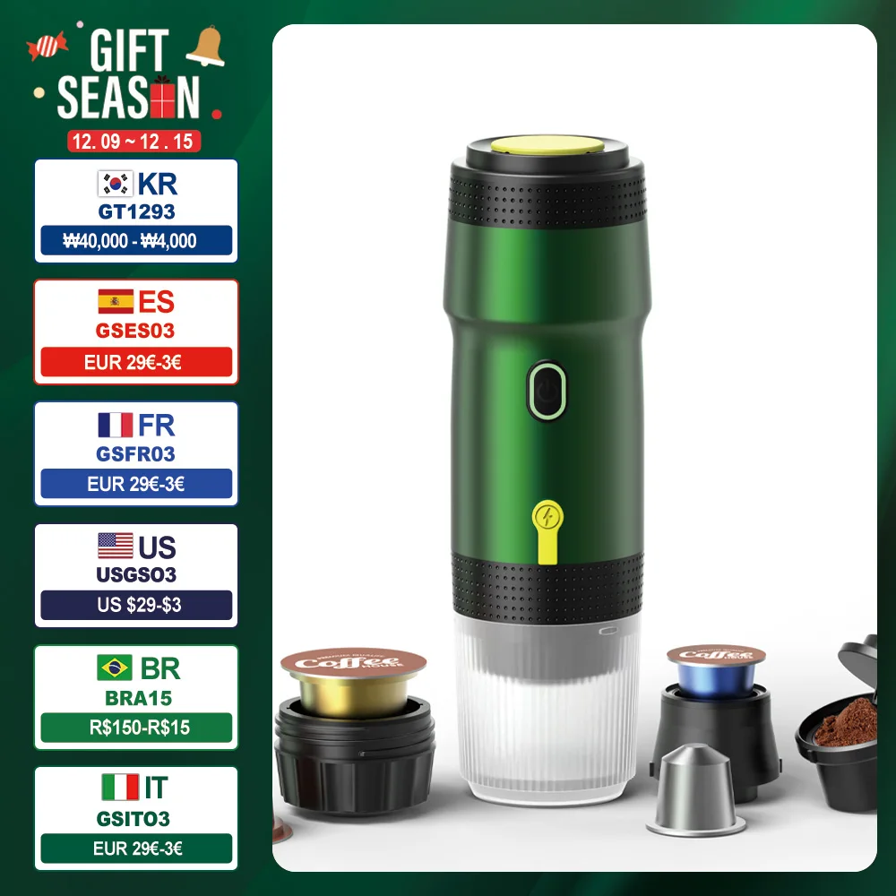 Electric Portable Coffee Machine Portable Italian Espresso Machine for Car & Home 3-in-1 Capsule Powder Travel Coffee Maker