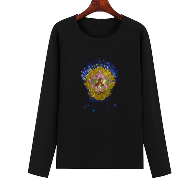 

Best-selling T-shirts women's wear autumn long-sleeved women's shiny crystal character T-shirts O-collar ladies'T-shirts
