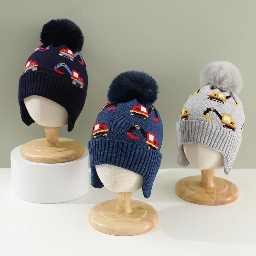 Acrylic Kids Winter Hat with Ear Flaps and Excavator Print
