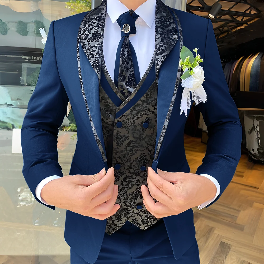 Handsome Men's Suit 3-piece Elegant Groom Wedding Tuxedo Jacket Pants Vest Customized Formal Blazer for Male 2