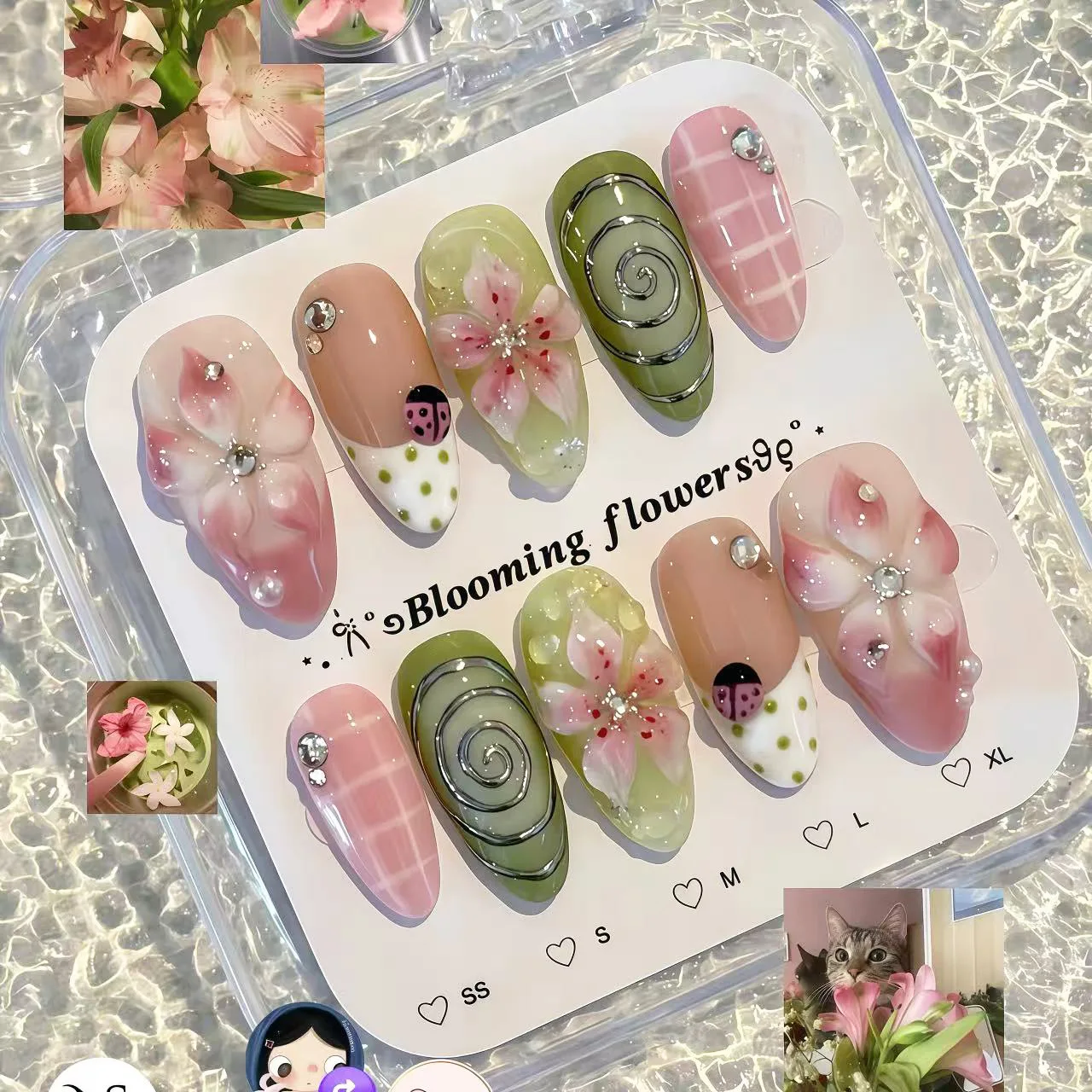 24PCS Pink Almond Press-On Nails with 3D Floral Design and Golden Pearl Accent