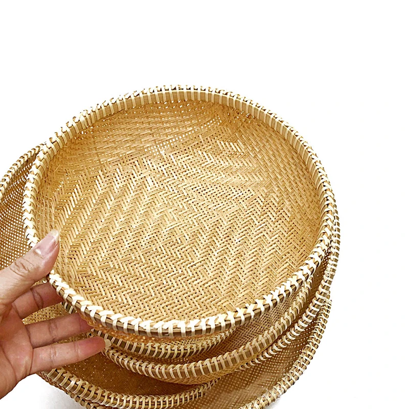 

Handmade Weave Bamboo Sieve Round Dustpan DIY Decorative Fruit Bread Basket Kitchen Storage Tray Household Organizer