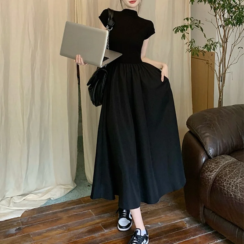 

Summer Sexy Slim Short Sleeve Dresses Mujer Vestidos Solid Black High Waist Long Dress Casual Women Skinny A-line Mid Dresses