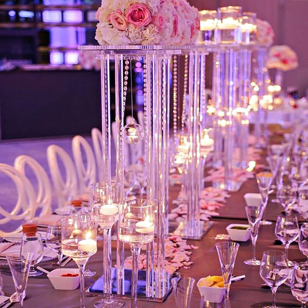 

2 pcs/set Transparent acrylic road guide hanging crystal bead square frame venue layout props wedding T-table flower stand