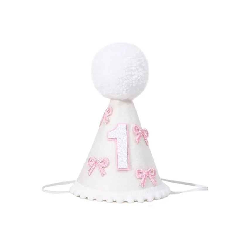 Pink Bow 1st Birthday Hat Handmade Party Decoration Cone Hat First Birthday Photography Atmosphere Prop for Girls