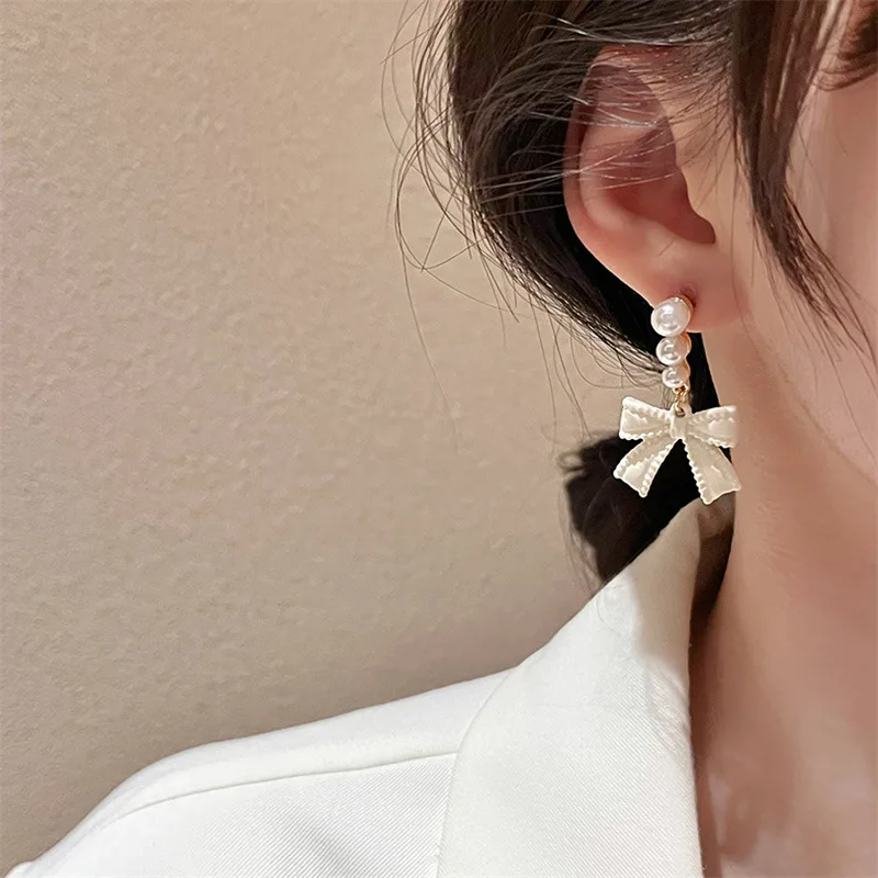 S925 Silver Needle Temperament White Pearl Bow Earrings Korean