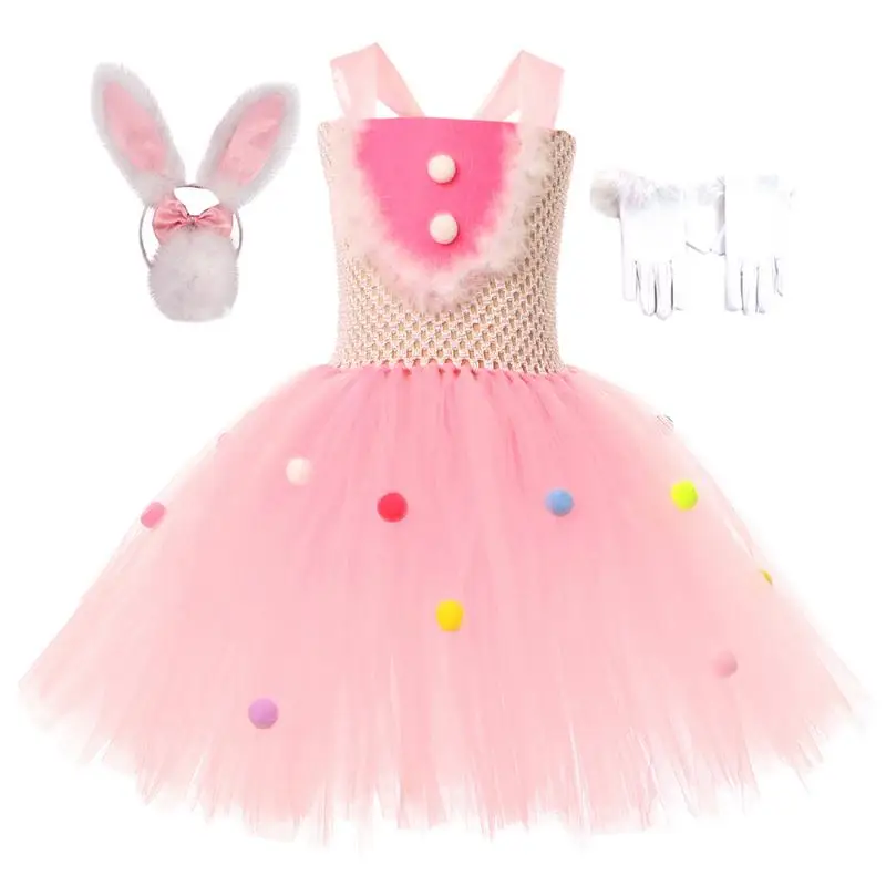 

Little Girl Easter Dress 3pcs/Set Easter Eggs Pom Pom Tutu Dresses Bunny Hair Headwear And Glove Tulle Party Dresse For Age 2-12